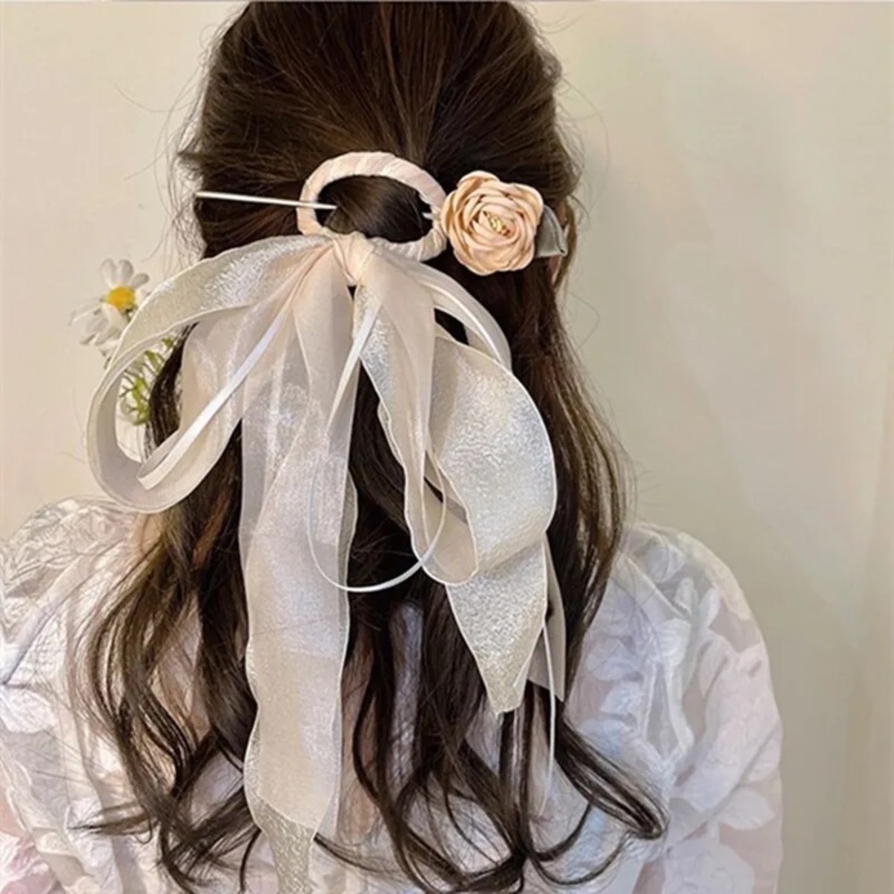 Long off white bow Hair Pin